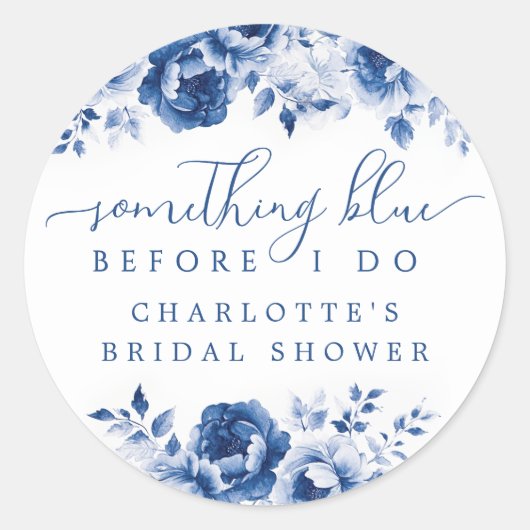 Blauwe Bloemige Bruiloftsshowers Ronde Sticker (Voorkant)