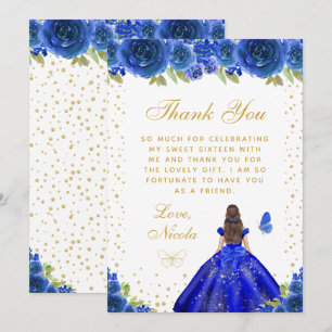Blauwe Bloemige Bruine Haar Prinses Sweet Sixteen Bedankkaart