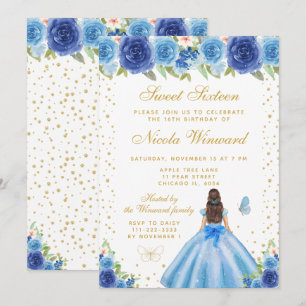 Blauwe Bloemige Bruine Haar Prinses Sweet Sixteen Kaart