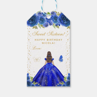 Blauwe Bloemige Brunette Haar Prinses Sweet Sixtee Cadeaulabel