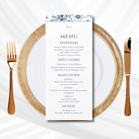 Blauwe Bloemige Chinoiserie Christelijk Trouwmenu Menu