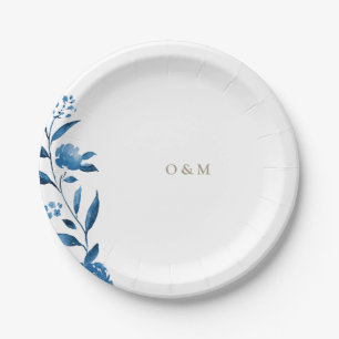 Blauwe bloemige Chinoiserie trouw monogram Papieren Bordje