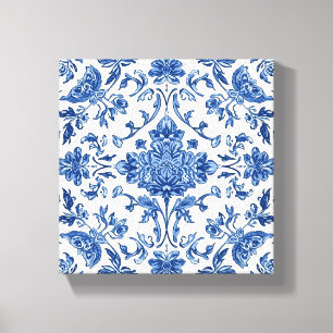 Blauwe Bloemige Chinoiserie Witte Waterverf Canvas Afdruk