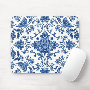 Blauwe Bloemige Chinoiserie Witte Waterverf Muismat