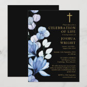 Blauwe bloemige christelijke viering van het leven kaart (Voorkant / Achterkant)