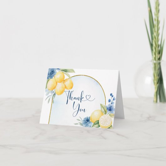 Blauwe bloemige citroen bruidsdouche bedankkaart (Voorkant)