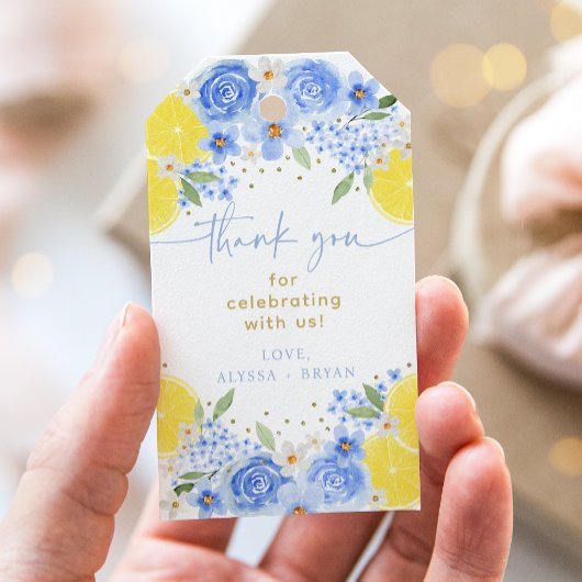 Blauwe Bloemige Citroen Hoofd Squeeze Bruidsfeest Cadeaulabel