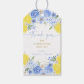 Blauwe Bloemige Citroen Hoofd Squeeze Bruidsfeest Cadeaulabel (Voorkant)