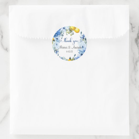 Blauwe bloemige citroen ronde sticker (Tas)