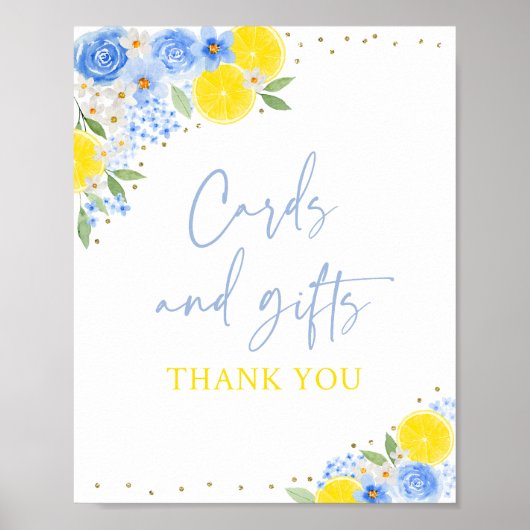 Blauwe bloemige citroenkaart & cadeaus bruidsdouch poster (Voorkant)