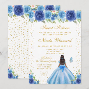 Blauwe Bloemige Donkere Huid Prinses Sweet Sixteen Kaart