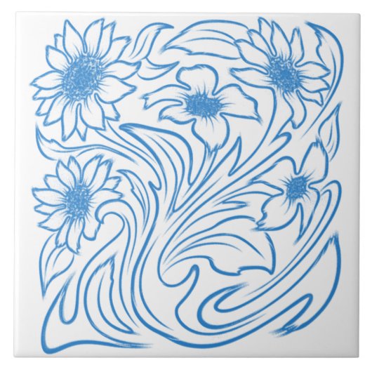 Blauwe Bloemige Draai Botanisch Tegeltje (Voorkant)