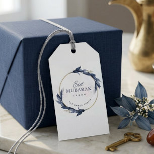 Blauwe bloemige Eid Mubarak cadeautag Elegante isl Cadeaulabel