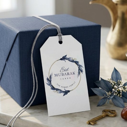 Blauwe bloemige Eid Mubarak cadeautag Elegante isl Cadeaulabel