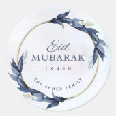 Blauwe Bloemige Eid Mubarak Ronde Sticker (Voorkant)