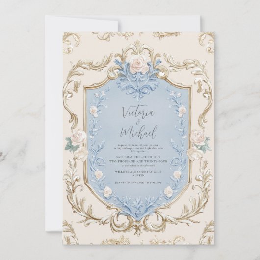 Blauwe Bloemige Elegante Gouden Frame Bruiloft Kaart (Voorkant)