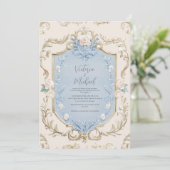 Blauwe Bloemige Elegante Gouden Frame Bruiloft Kaart (Staand voorkant)