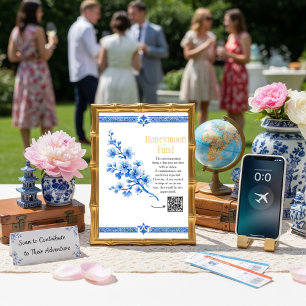 Blauwe bloemige Elegante Honeymoon Fund QR-code bo Kaart