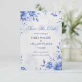 Blauwe Bloemige Elegante Waterverf Save The Date (Staand voorkant)