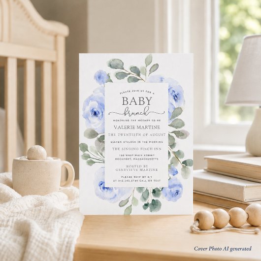Blauwe Bloemige Eucalyptus Baby Brunch Uitnodiging
