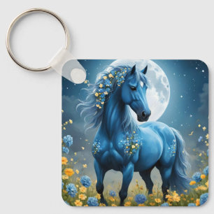 Blauwe Bloemige Fantasie Paard, Sleutelhanger