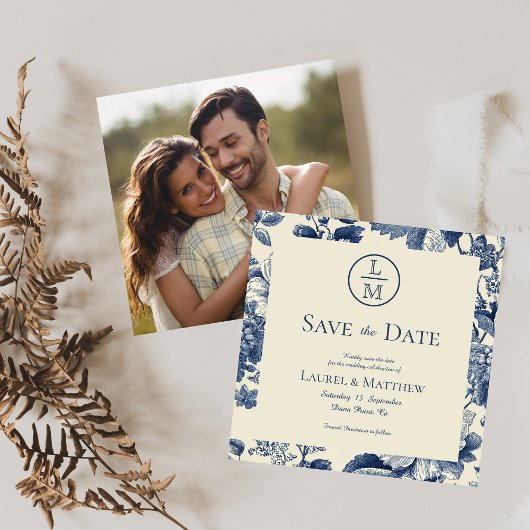 Blauwe Bloemige Foto Bruiloft Save the Date