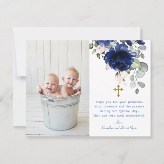 Blauwe Bloemige Foto Tweeling Gouden Kruis Doop  Bedankkaart (Voorkant)