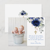 Blauwe Bloemige Foto Tweeling Gouden Kruis Doop  Bedankkaart (Voorkant / Achterkant)