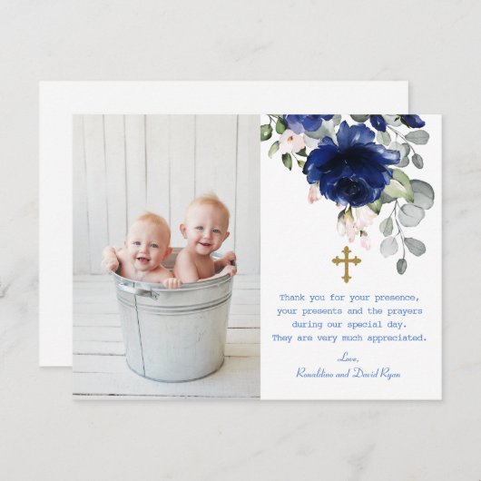 Blauwe Bloemige Foto Tweeling Gouden Kruis Doop Bedankkaart (Voorkant / Achterkant)