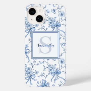 Blauwe Bloemige Franse Toile Monogram Naam  Case-Mate iPhone 14 Hoesje