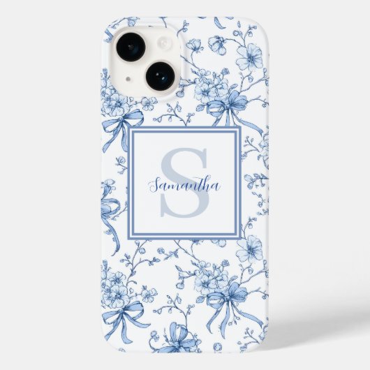 Blauwe Bloemige Franse Toile Monogram Naam Case-Mate iPhone Case (Achterkant)