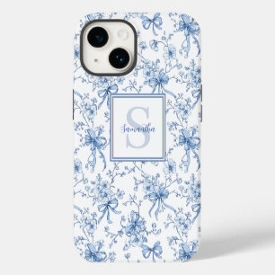 Blauwe Bloemige Franse Toile Monogram Naam  iPhone 14 Hoesje
