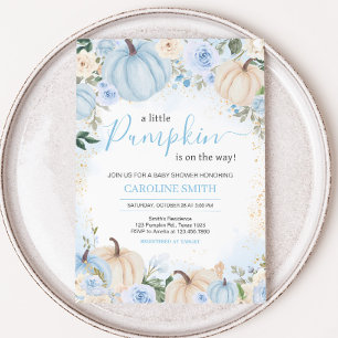 Blauwe Bloemige Groene Kleine Pompoen Baby Shower Kaart