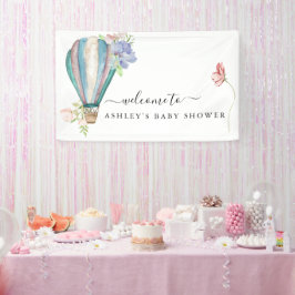 Blauwe Bloemige Heet Luchtballon Baby Shower Spandoek