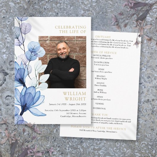 Blauwe Bloemige Herdenkingsdienst Funerair Order O Programmakaart