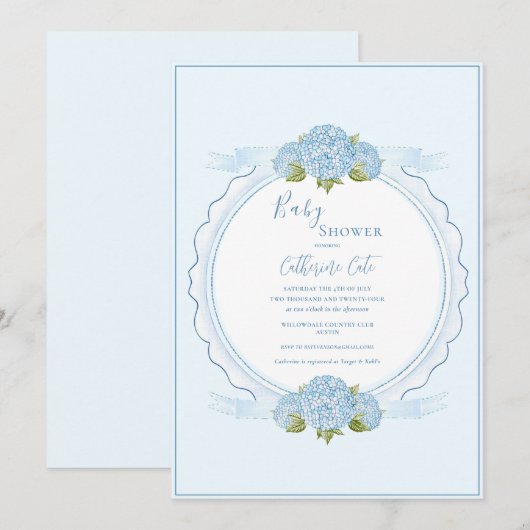Blauwe Bloemige Hortensia Elegante Baby Shower Kaart (Voorkant / Achterkant)