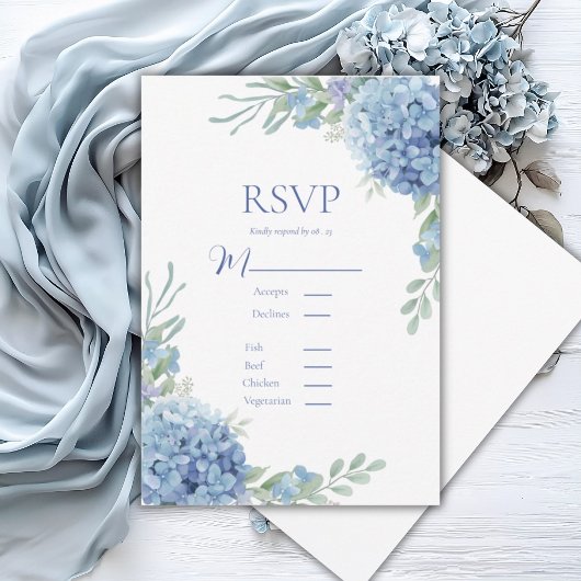 Blauwe bloemige Hortensia RSVP kaart