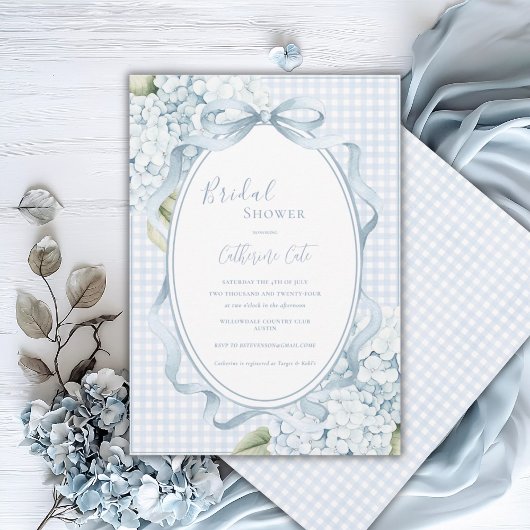 Blauwe bloemige hortensia's geruite whimsical brui kaart