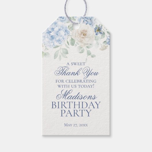 Blauwe Bloemige Hydrangea Botanische Verjaardags C Cadeaulabel (Voorkant)