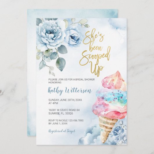 Blauwe Bloemige IJscrème Lepel Bruidsshower  Kaart (Voorkant / Achterkant)