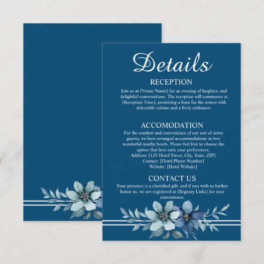 Blauwe Bloemige Islamitische Trouwdetails Bijgevoe Kaart (Voorkant / Achterkant)