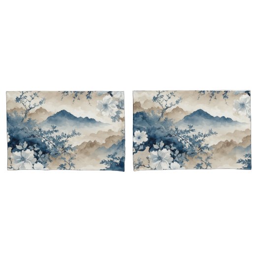 Blauwe Bloemige Japanse Landschap Kussensloop (Voorkant-Set)