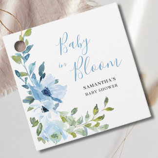 Blauwe bloemige jongensbaby in bloei douche bedankjes labels