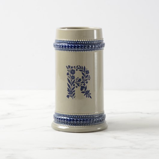 Blauwe Bloemige Letter R Monogram Beker Bierpul (Center)