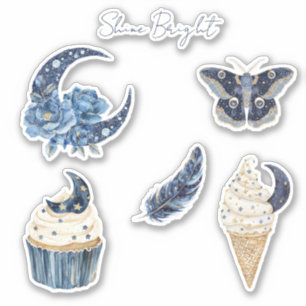 Blauwe Bloemige Maan Cupcake Ijsje Kegel Vlinder Sticker