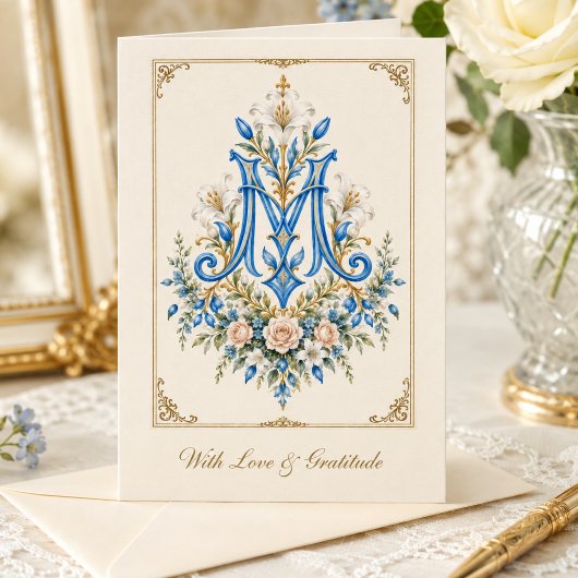 Blauwe Bloemige Marian Monogram Katholiek Bedankkaart