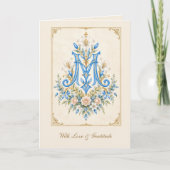 Blauwe Bloemige Marian Monogram Katholiek Bedankkaart (Voorkant)