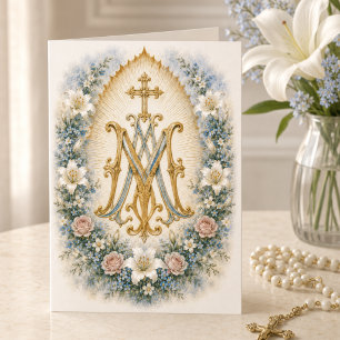 Blauwe Bloemige Marian Monogram Katholieke Schrift Kaart