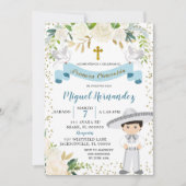 Blauwe Bloemige Mexicaanse Jongen Heilige Communie Kaart (Voorkant)