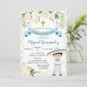 Blauwe Bloemige Mexicaanse Jongen Heilige Communie Kaart (Staand voorkant)